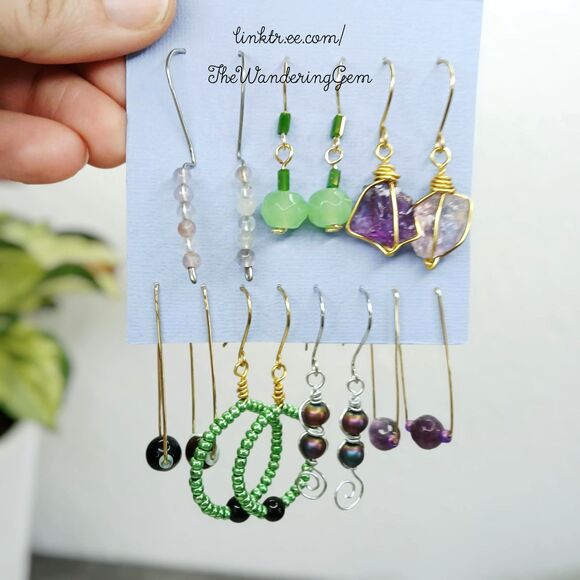 7 Piece Green & Purple Beaded Dangle Earring Set, Fairy Core Cottage Core Boho - Picture 1 of 4